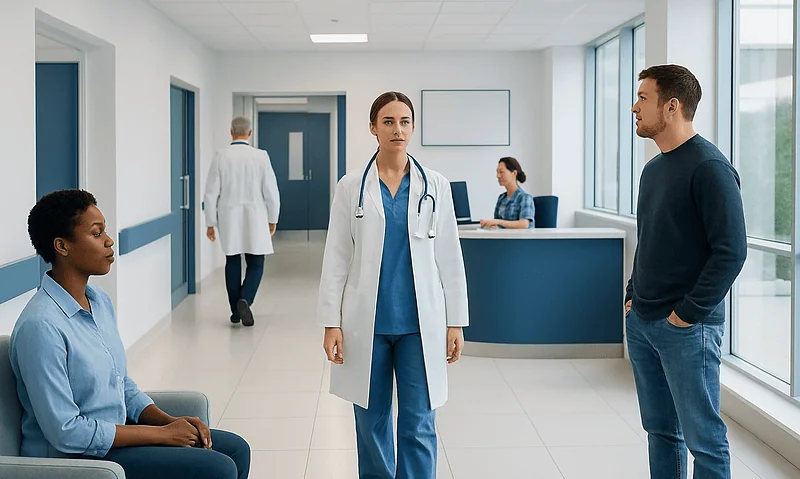 Medical consultation in a hospital corridor with healthcare professionals and patient.