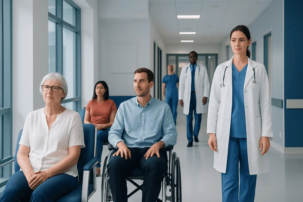 Spinocerebellar Ataxia: An Evidence-Based Guide for Patients 1 Diverse group of patients and healthcare professionals in hospital corridor.