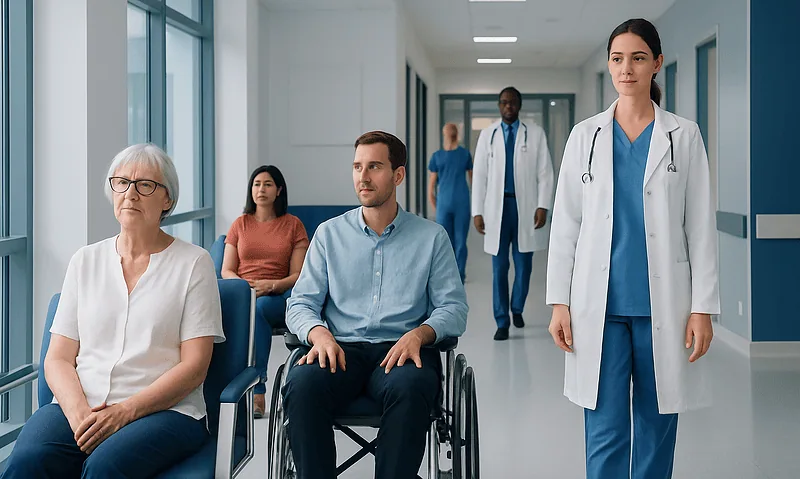 Diverse group of patients and healthcare professionals in hospital corridor.