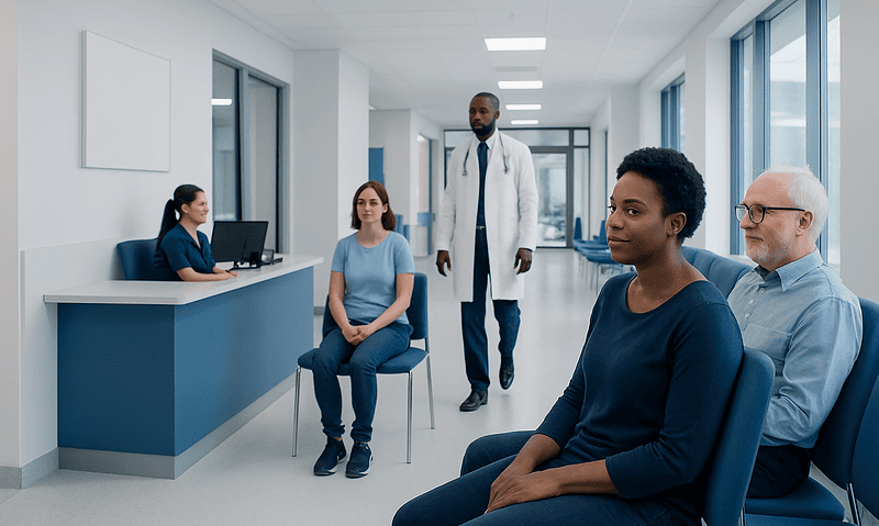 Patients waiting in a hospital corridor with medical staff nearby.