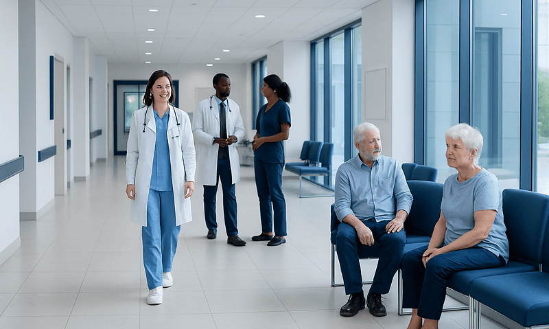 Medical professionals and elderly patients in a modern hospital corridor.