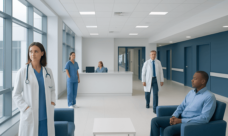Medical professionals and patient in a modern hospital waiting area.