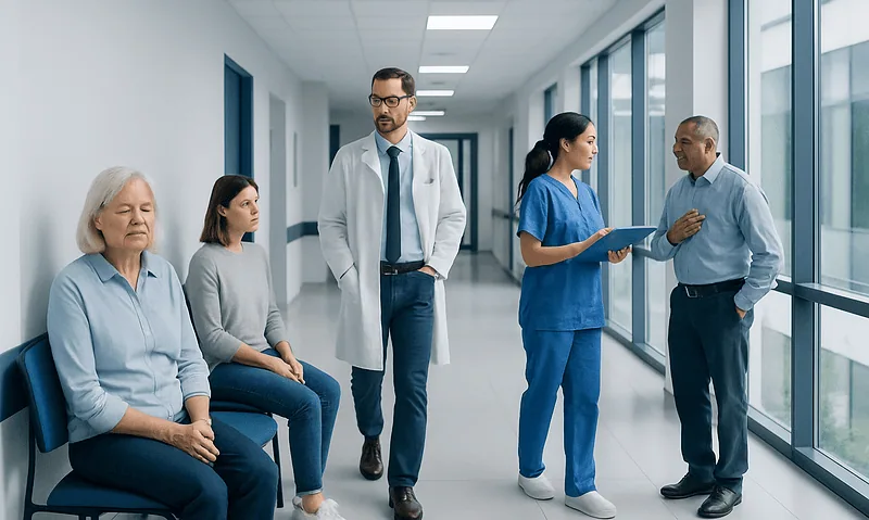 Medical team consulting with a patient in hospital corridor at Acibadem Hospitals.