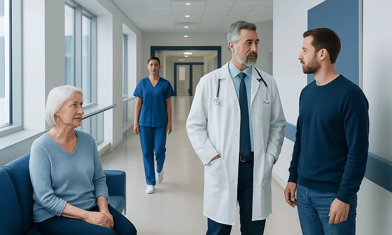 Doctor consulting with patient in hospital corridor with nurse in background.