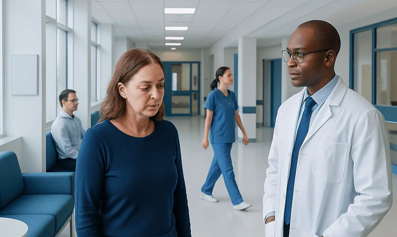 Doctor consulting a patient in a hospital corridor.