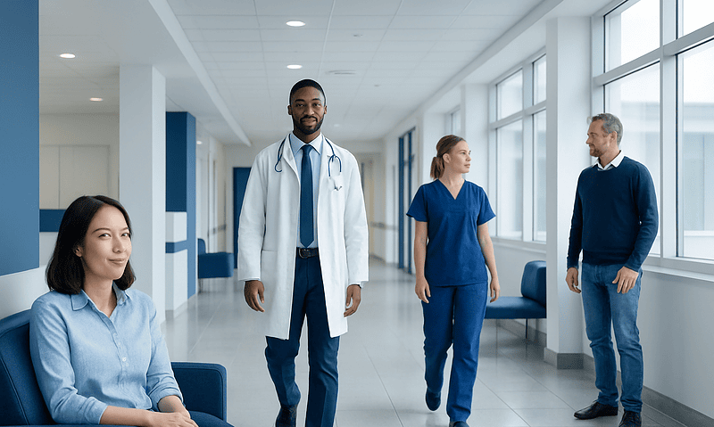 Medical team in hospital corridor with patients and staff.