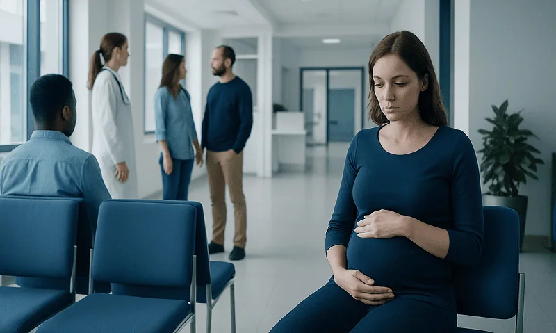 Pregnant woman waiting in a hospital corridor with medical staff in the background.