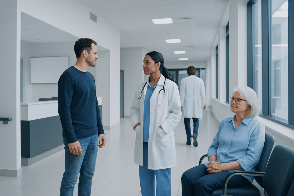 Central Nervous System Lymphoma Cancer: Symptoms, Causes, and Treatment Options 1 Doctor consulting with patient and senior woman in hospital corridor.