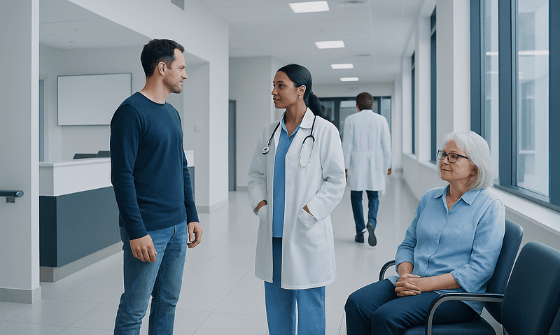 Doctor consulting with patient and senior woman in hospital corridor.