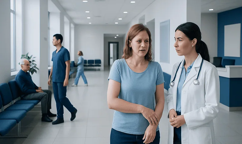 Doctor consulting with a patient in a hospital corridor.