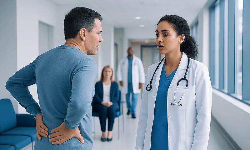 Doctor consulting with patient about back pain in hospital corridor.