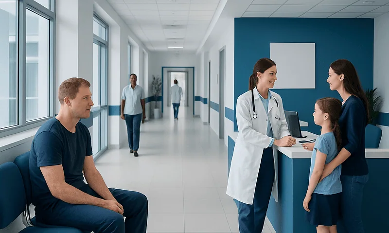 Doctor consulting with young girl and mother in hospital corridor.