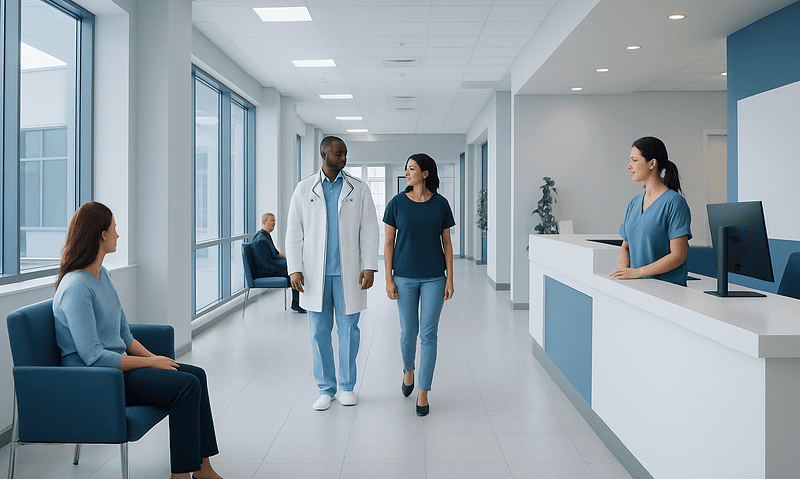 Medical professionals and patient in a modern hospital corridor.