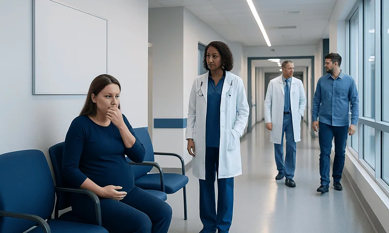 Pregnant woman waiting in hospital corridor with medical staff nearby.
