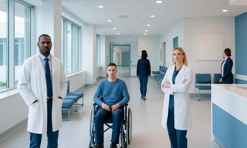 Medical team with patient in wheelchair in hospital corridor.
