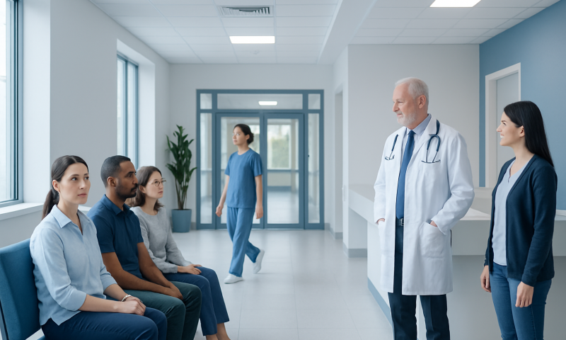 Doctor consulting patients in a hospital corridor with medical staff nearby.