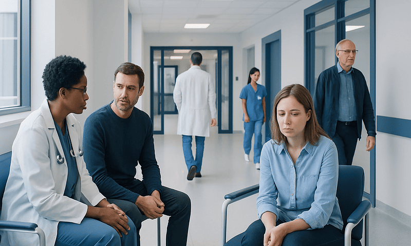 Patients and doctors in a hospital corridor, discussing health concerns.