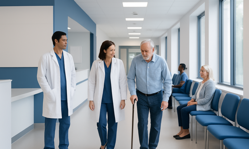 Elderly man with cane walking in hospital corridor with medical staff and patients.