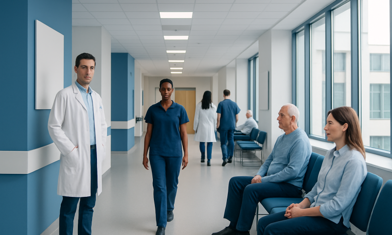Healthcare professionals and patients in a hospital corridor.