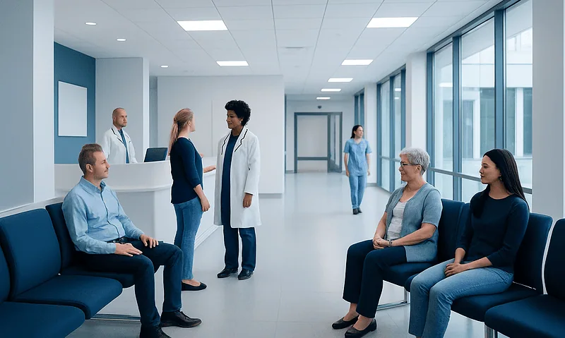 Patients waiting and doctors consulting in a modern hospital corridor.