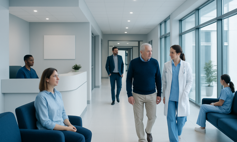 Hospital corridor with doctors and patients engaging in conversation.