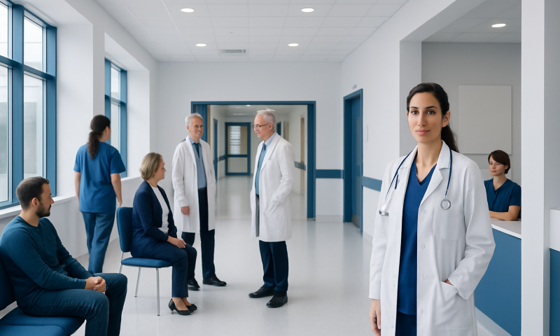Medical team and patients in a hospital corridor with a female doctor in the foreground.