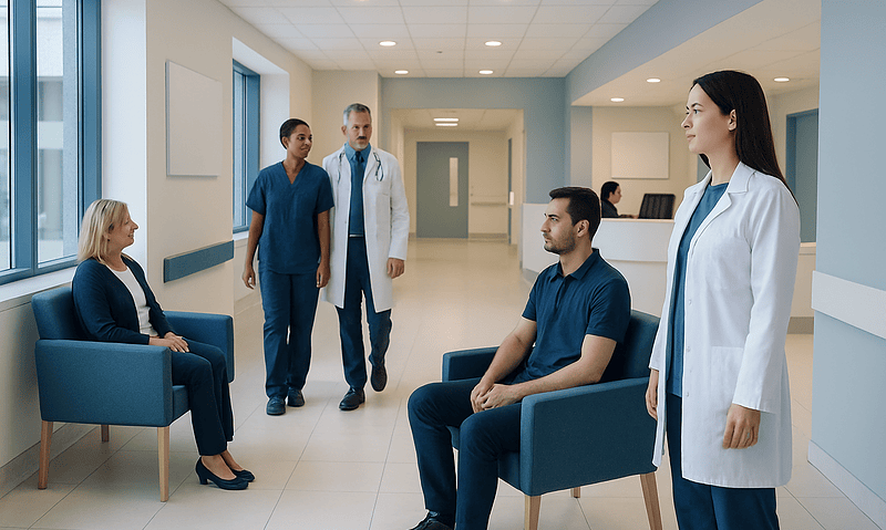 Medical consultation in hospital corridor with healthcare professionals and patient.