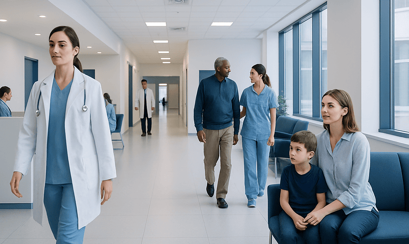 Healthcare professionals and patients in a modern hospital corridor.