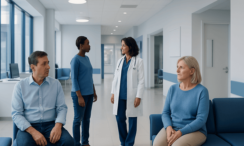 Medical consultation with doctor and patients in hospital corridor.
