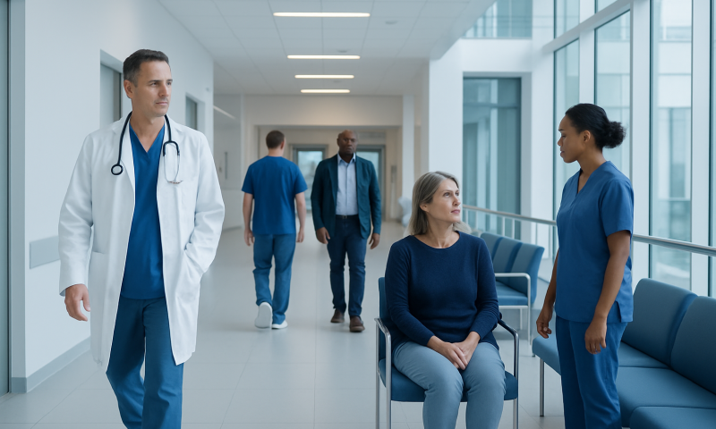 Medical professionals and patient in hospital corridor.