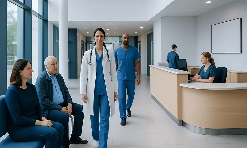 Medical staff and patients in a modern hospital lobby.