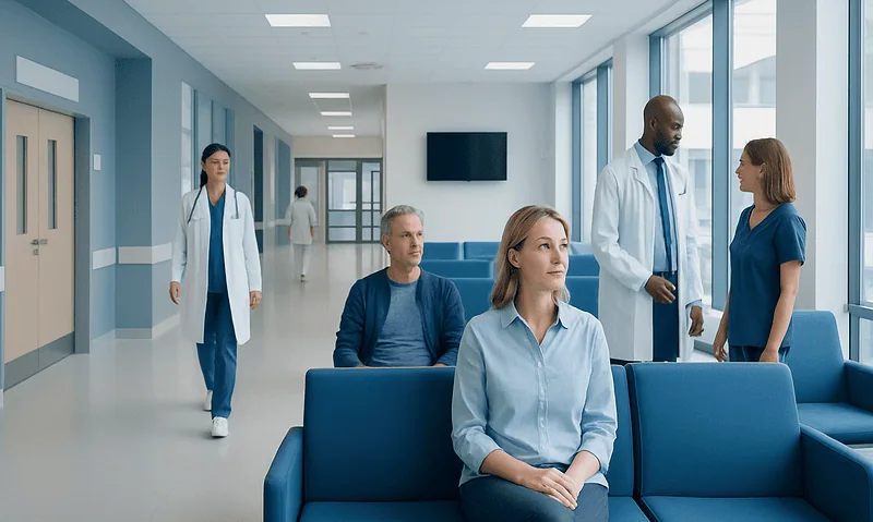 Patients waiting and medical staff in a modern hospital corridor.