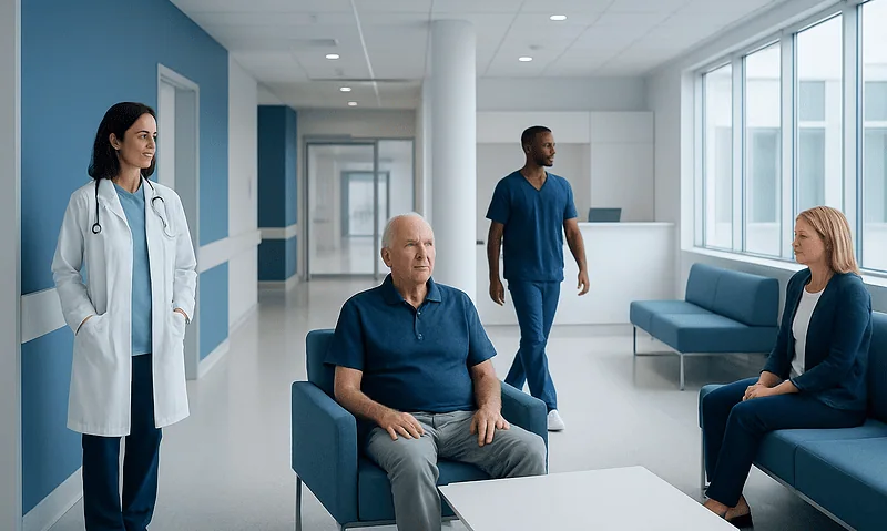 Hospital waiting area with medical staff and patient in a modern healthcare facility.