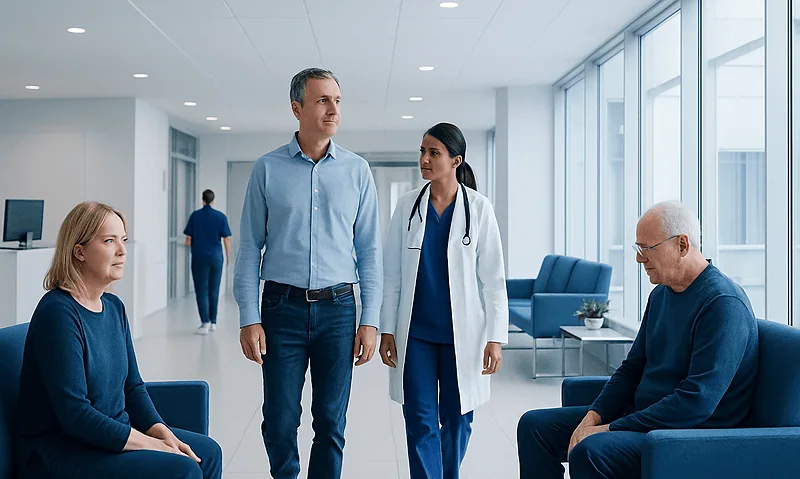 Doctor consulting with patients in a modern hospital waiting area.