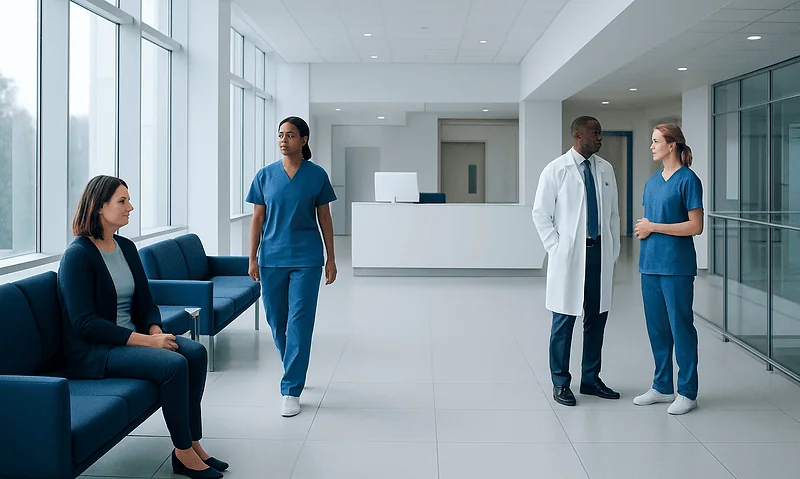 Medical staff and patient in a modern hospital corridor.