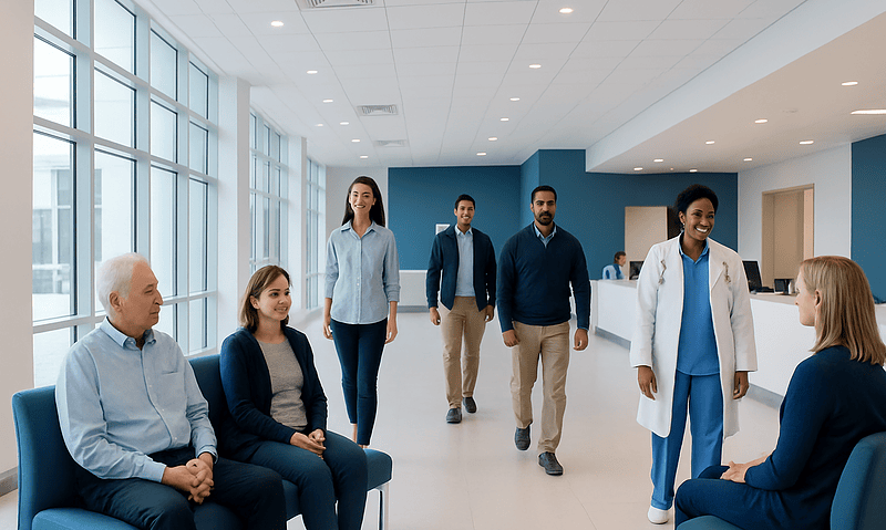 Diverse group of patients and healthcare professionals in a modern hospital waiting area.
