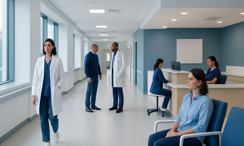 Modern hospital corridor with medical staff and patients in a healthcare setting.