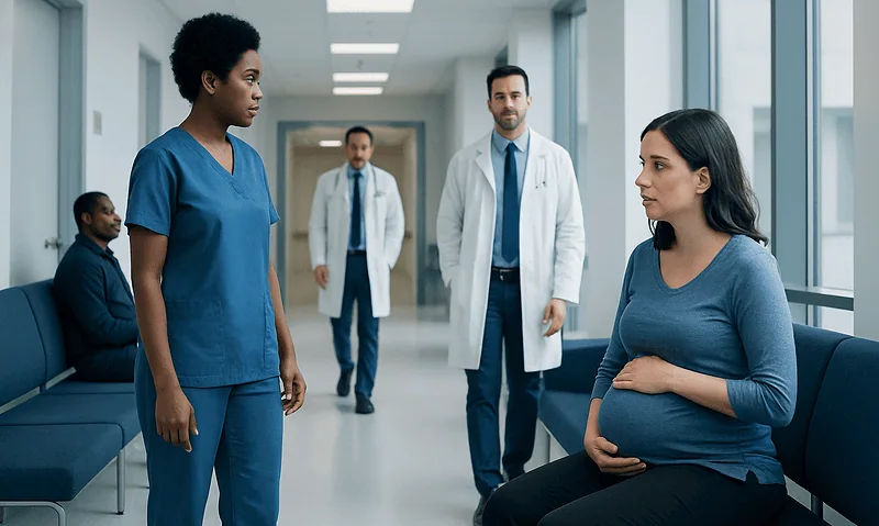 Pregnant woman in hospital waiting area with medical staff and visitors.