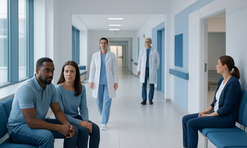Patients waiting in a hospital corridor with medical staff nearby.