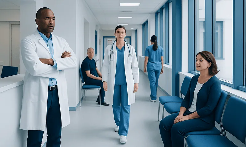 Medical team discussing patient care in hospital corridor.