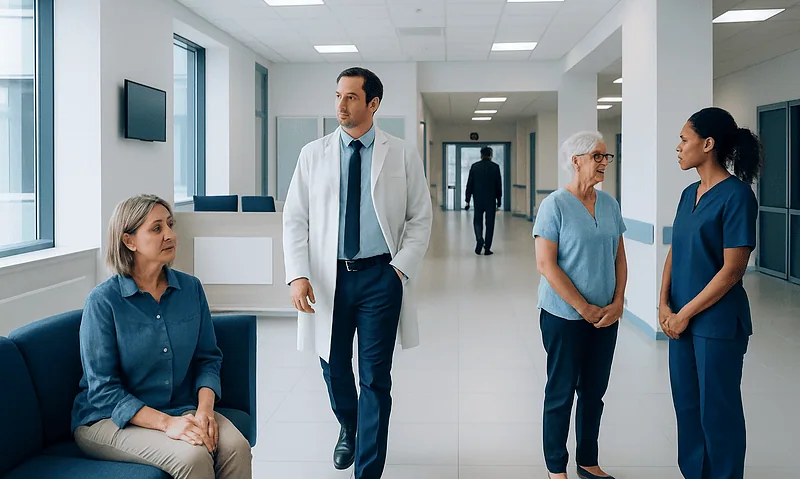 Medical team discussing patient care in hospital corridor.
