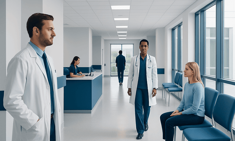 Medical professionals and patient in a hospital corridor at Acibadem Hospitals Group.