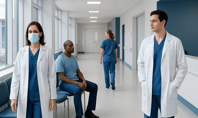 Medical professionals and patient in hospital corridor at Acibadem Hospitals Group.