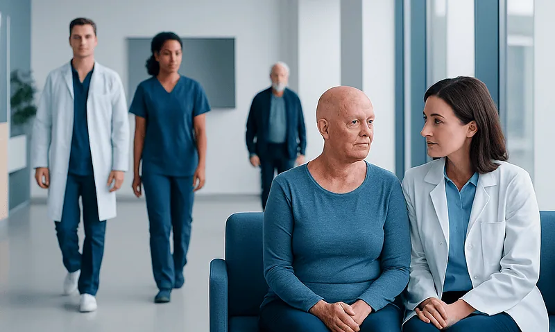 Patient consulting with doctor in hospital corridor with medical staff in background.
