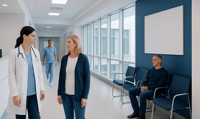 Medical consultation in hospital corridor with doctor and patient.