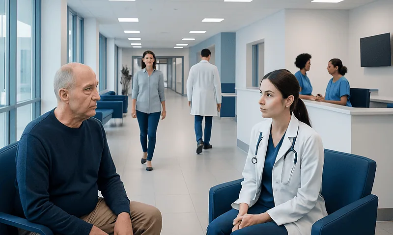 Doctor consulting with a patient in a modern hospital corridor.