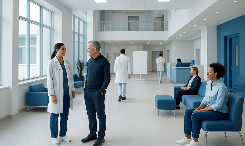 Modern hospital lobby with medical staff and patients waiting.