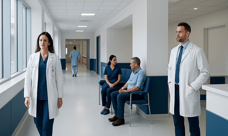 Medical professionals and patients in a hospital corridor.