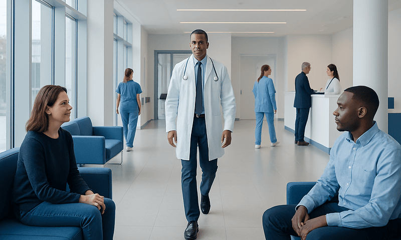 Medical consultation in a modern hospital waiting area with doctors and patients.