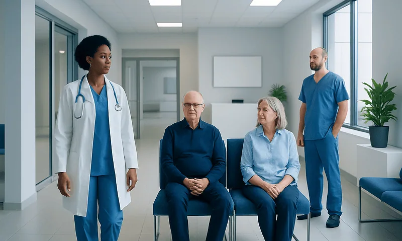 Medical consultation with healthcare professionals in a hospital setting.